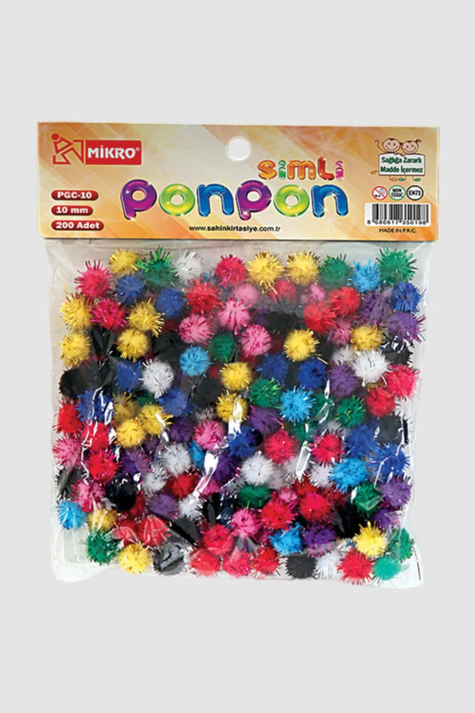 Simli Ponpon 10 Mm 200 Adet - Karışık Renkli Işıltılı Hobi Seti