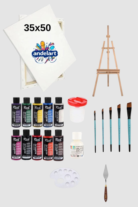 120 cc 10'lu Akrilik Boya Fırça ve Profesyonel Şövale Seti