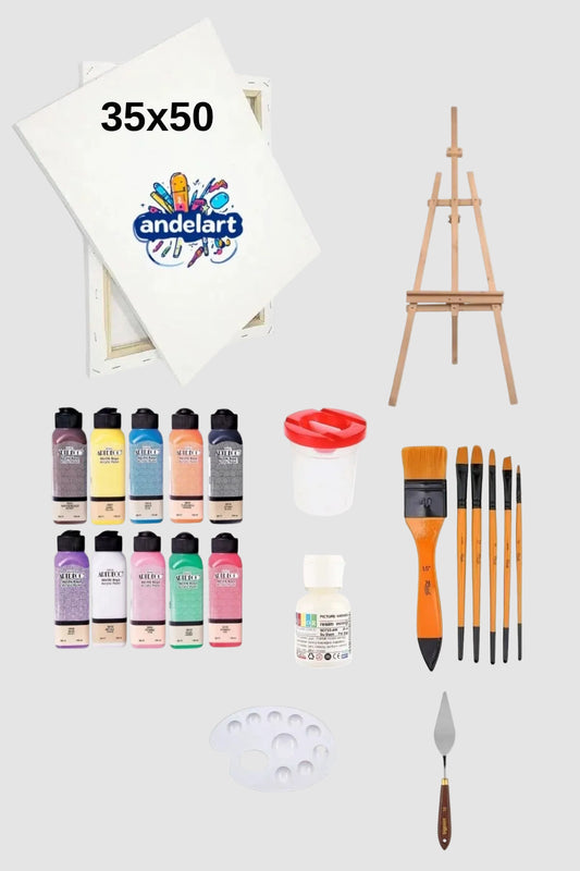 140 ml 10 Renk Akrilik Boya - 35x50 Tuval Şövale ve Fırça Seti