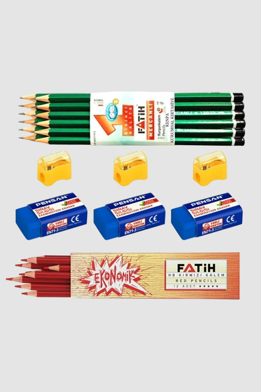 Fatih 12'li Kurşun + 12'li Kırmızı + 3 Silgi + 3 Kalemtraş Ekonomik Set