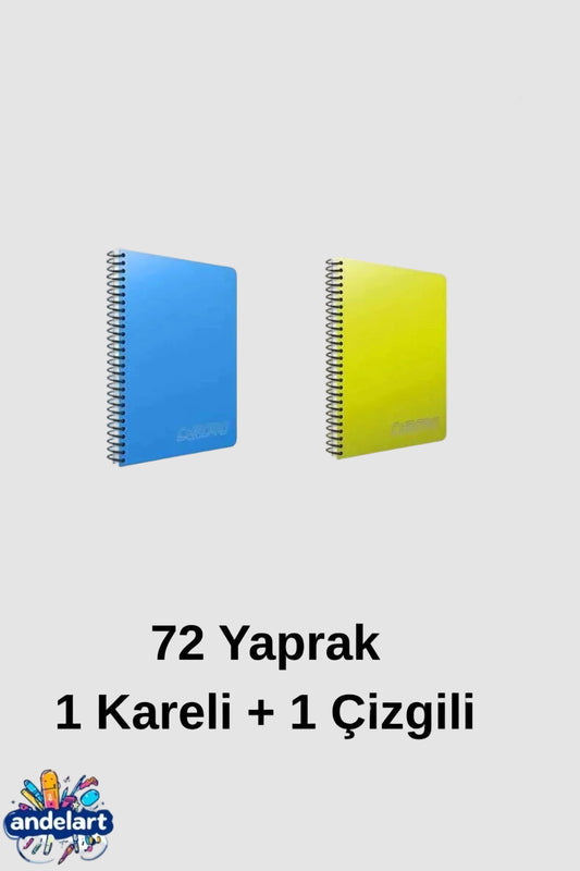 A4 72 Yaprak 1 Kareli + 1 Çizgili Spiralli Plastik Kapak Defter