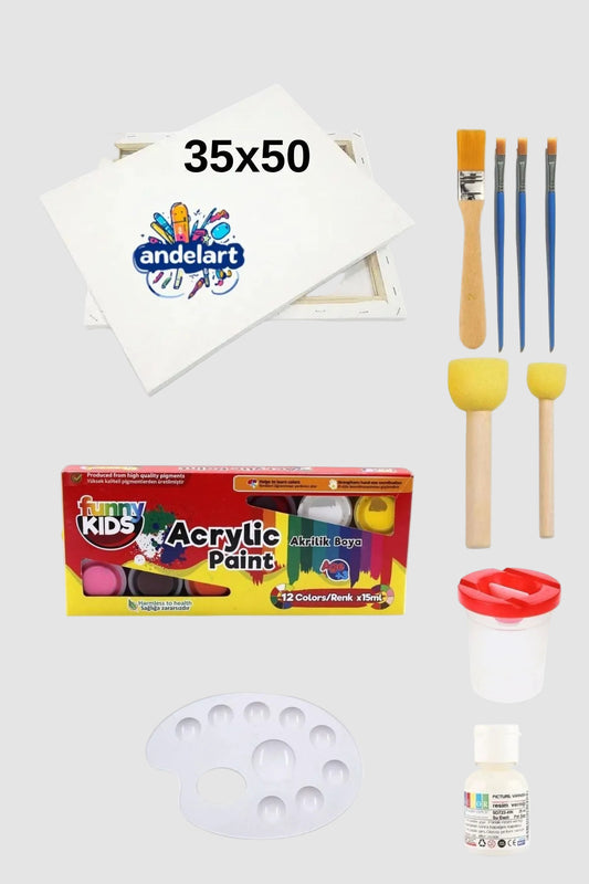 12 Renk Ana Renkler Akrilik Boya 35x50 Tuval Zemin Fırçalı Set