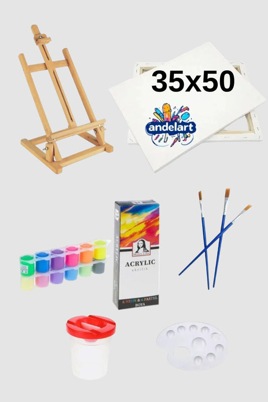 Tuval 35x50 Masa Üstü Şövale 6 Pastel 6 Canlı Renk Akrilik Set