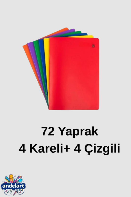 A4 72 Yaprak 4 Kareli + 4 Çizgili Plastik Kapak Defter Seti