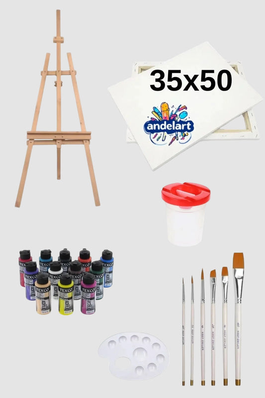 12 Renk 110 ml Akrilik Boya + 35x50 Tuval Şövale Resim Seti