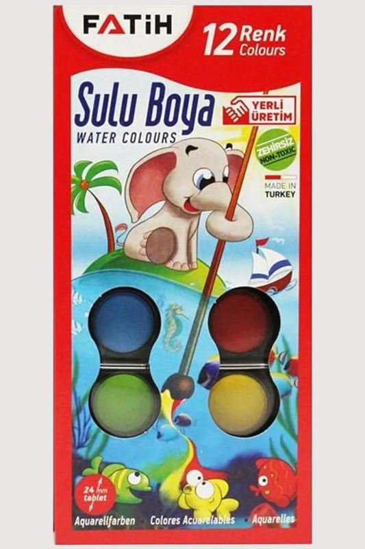 Fatih 12'li Büyük Boy Sulu Boya Seti - Fırça Dahil Sanat Seti