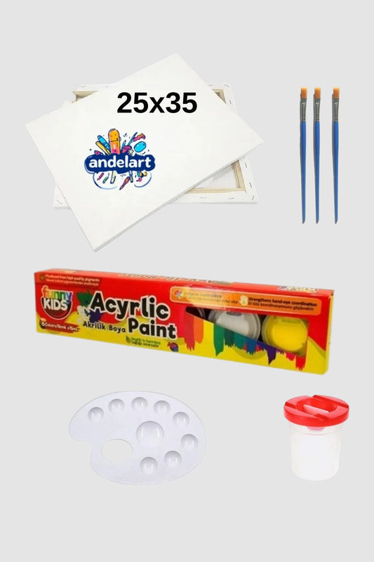 25x35 Tuval 6 Renk Akrilik Boya Fırça Palet Resim Seti