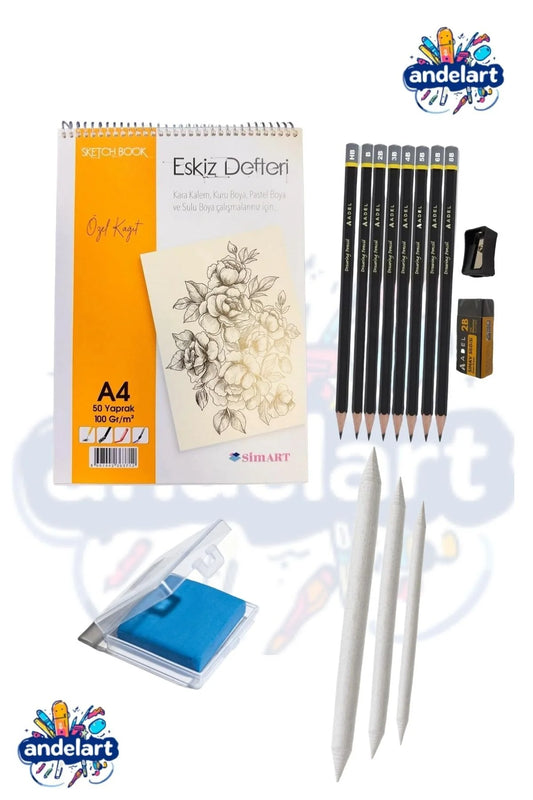 Eskiz Defteri Çizim Seti A4 - Kalem Dağıtıcı ve Silgi