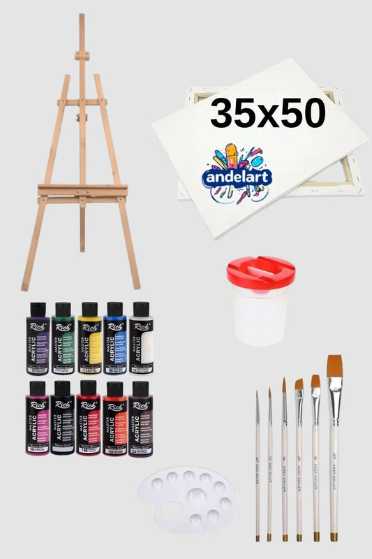 Ayaklı Şövale 35x50 Tuval 10'lu Akrilik 120 cc Fırça Seti