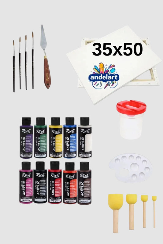 120 cc Akrilik Boya - 35x50 Tuval Metal Spatulalı Şövale Seti