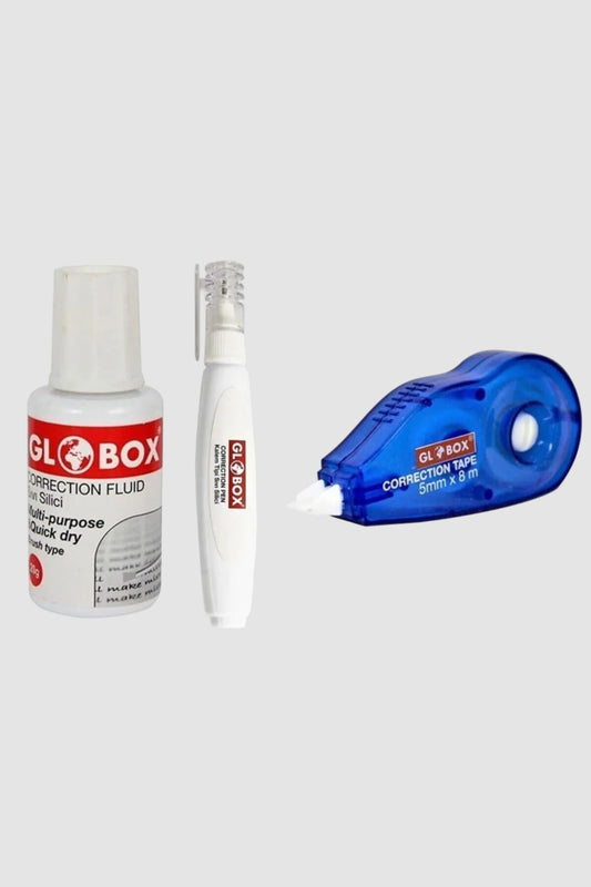 Globox Düzeltme Seti: Sıvı Daksil 20g + Şerit Silici 8m + Kalem Tipi Silici 7ml