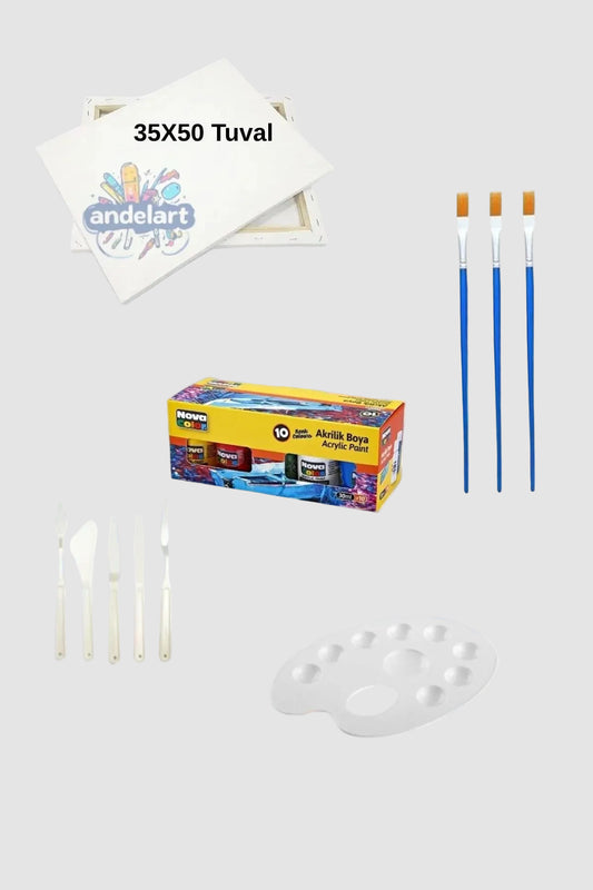 35x50 Tuval 10'lu Akrilik Boya Fırça Spatula Palet Seti