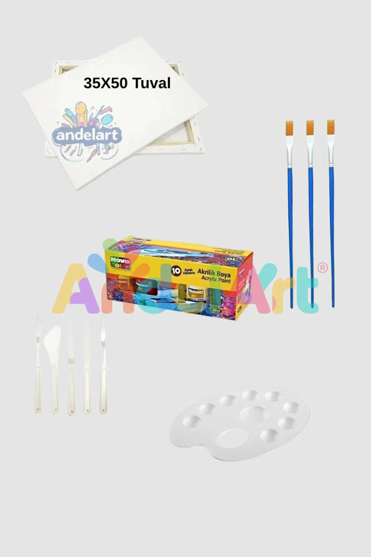 35x50 Tuval 10'lu Akrilik Boya Fırça Spatula Palet Seti