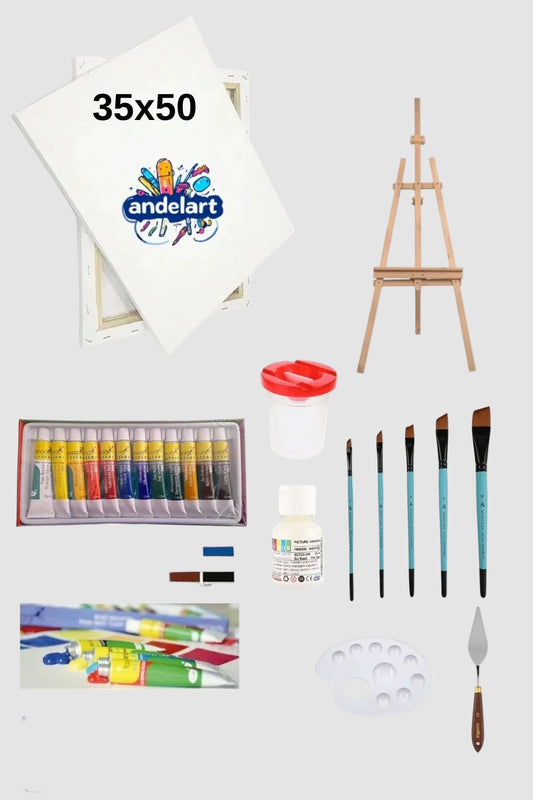 Yağlı Boya 12 Renk x 12 ml Şövale ve Tuval Seti