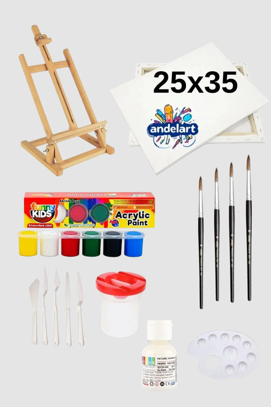 Boya Seti Lüks - Masa Üstü Şövale 25x35 Tuval Akrilik Set