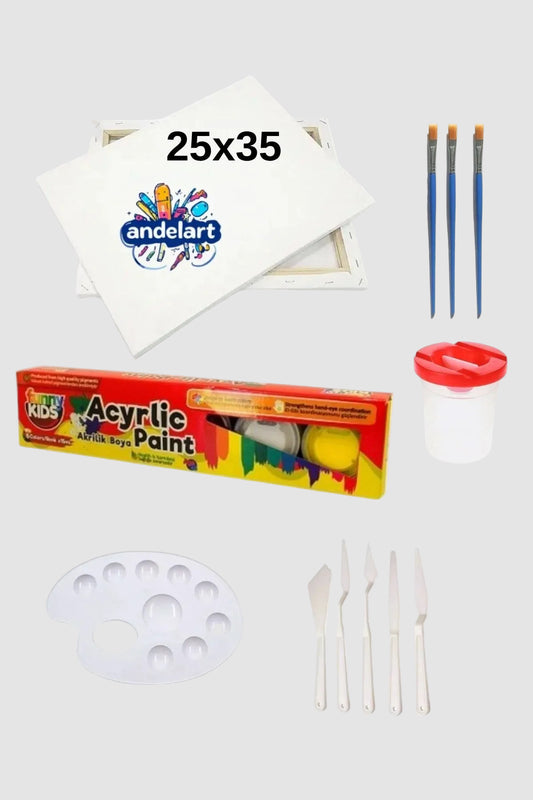 Tuval 25x35 6 Renk Akrilik Boya Fırça Spatula Palet Seti