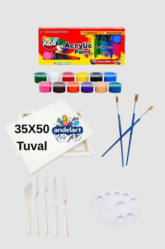 35x50 Tuval 12'li Akrilik Boya Fırça Palet Spatula Seti