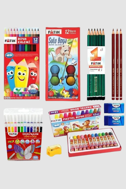 Fatih Okul Kırtasiye Seti - Boya Grupları + Kalemler + Kalemtraş Silgi Seti