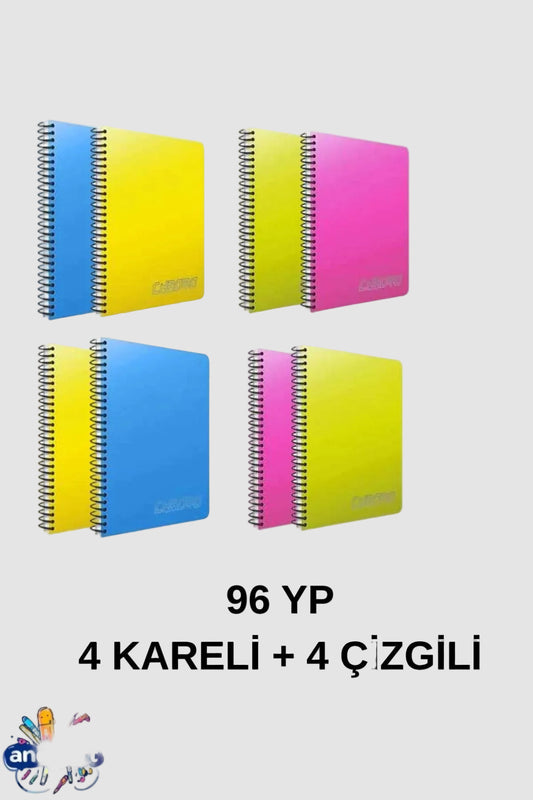 A4 96 Yaprak 4 Kareli + 4 Çizgili Plastik Kapak Defter Seti