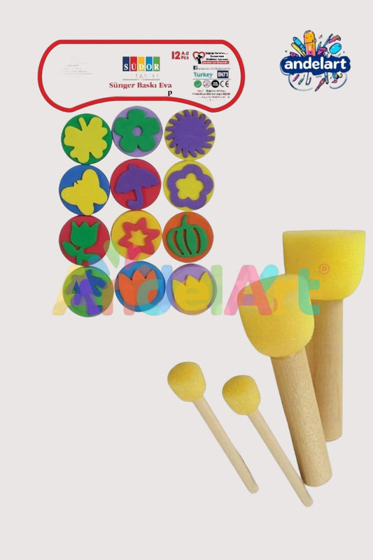 Südor 12'li Eva Baskı & 4'lü Ponpon Sünger Fırça Seti