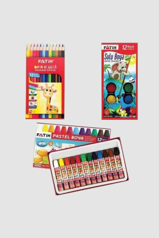 Fatih 12'li Kuruboya + Suluboya + Pastel Boya Seti - 3'ü 1 Arada