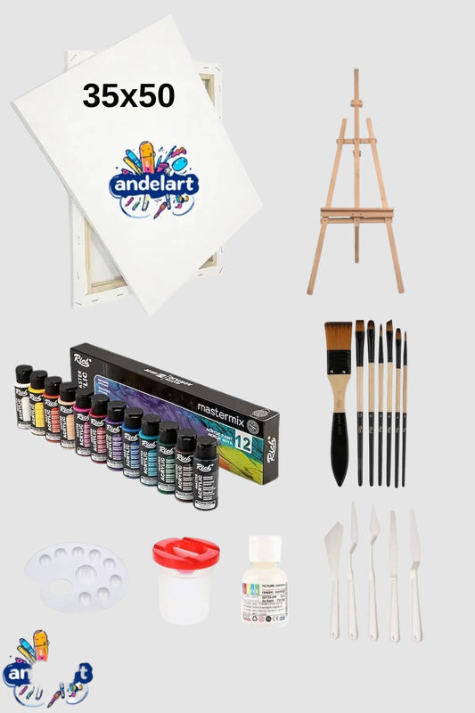 Mastermix Akrilik Boya 12'li 60 cc - 35x50 Tuval Şövale Seti