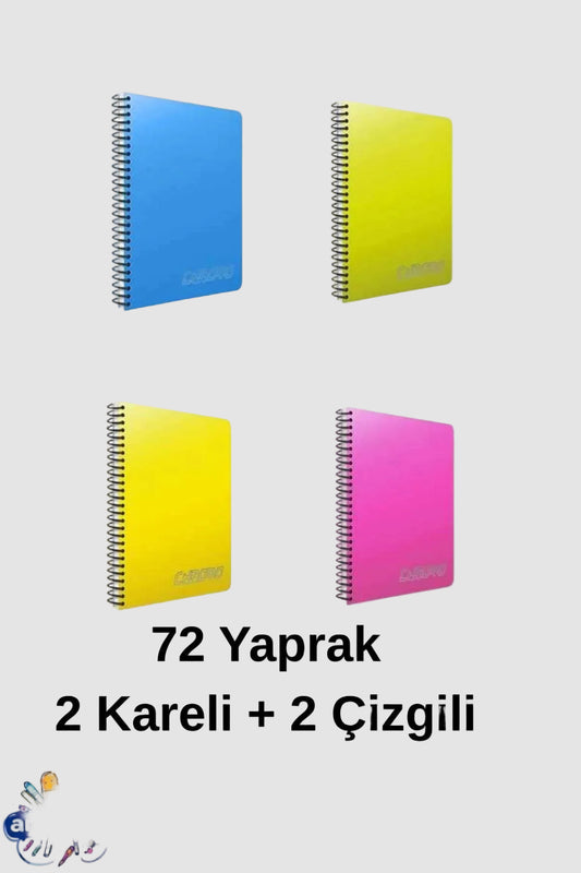 A4 72 Yaprak 2 Kareli + 2 Çizgili Spiralli Plastik Kapak Defter