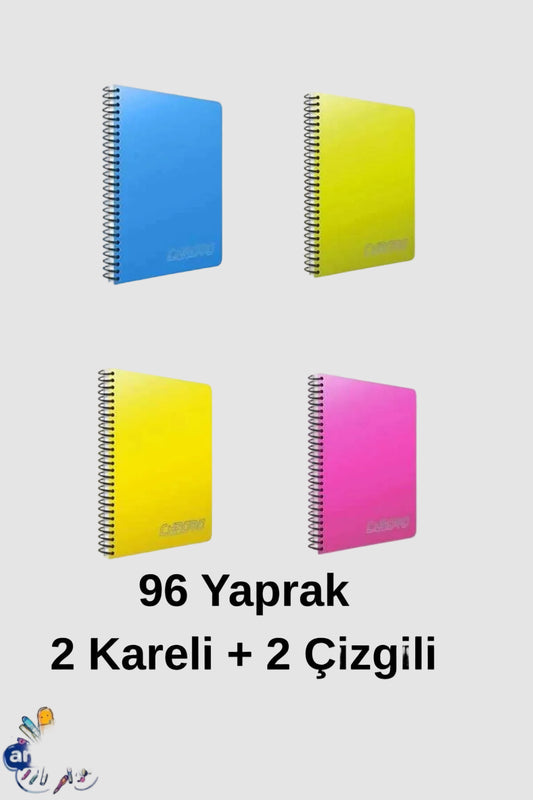 A4 96 Yaprak 2 Kareli + 2 Çizgili Spiralli Plastik Kapak Defter