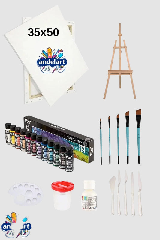 Mastermix Akrilik Boya 12'li 60 cc - 35x50 Tuval Şövale Seti (V2)