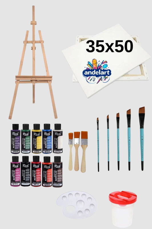 35x50 Tuval 10'lu Akrilik Karma Fırça Şövale Seti