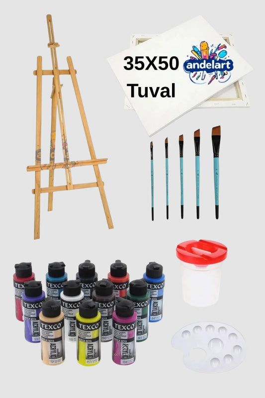 Ayaklı Şövale 35x50 Tuval 12'li Akrilik Boya 110cc 5'li Fırça