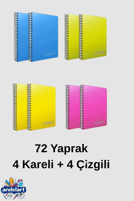 A4 72 Yaprak 4 Kareli + 4 Çizgili Spiralli Plastik Kapak Defter