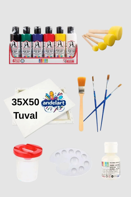 6x70 ml Akrilik Boya 35x50 Tuval Zemin Fırça Tampon Palet Vernik