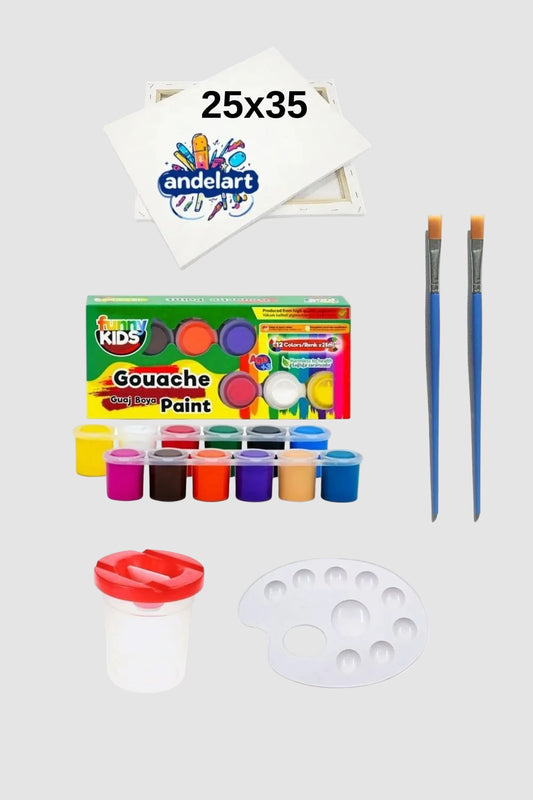 Guaj Boya Seti - 25x35 Tuval 12 Renk Boya Palet ve Fırça