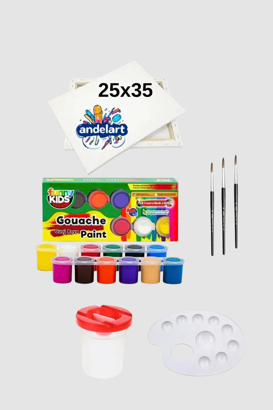 Hobi Boya Seti - 25x35 Tuval 12'li Guaj Boya Fırça ve Palet
